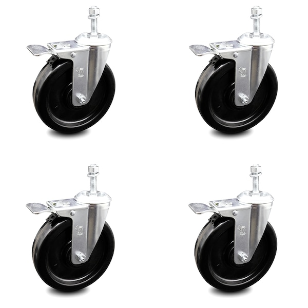 6 Inch Phenolic Swivel 10mm Threaded Stem Caster Set with Total Lock Brake